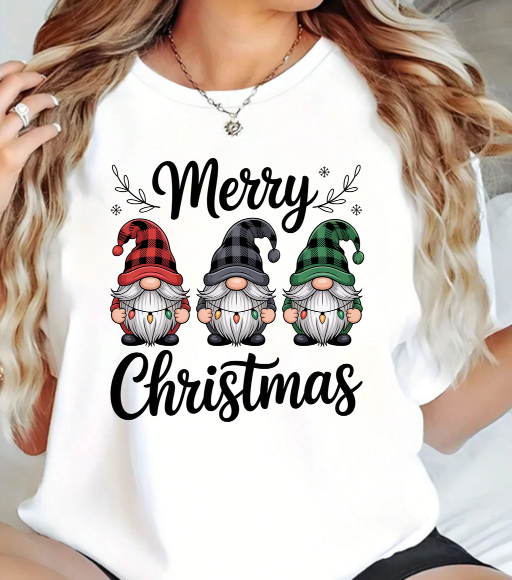 Merry Christmas Trio Gnomes T-shirt | Buffalo Plaid Hats, Holiday Tee