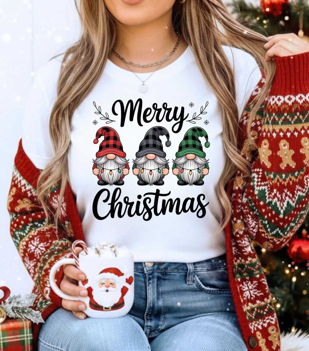 Merry Christmas Trio Gnomes T-shirt | Buffalo Plaid Hats, Holiday Tee